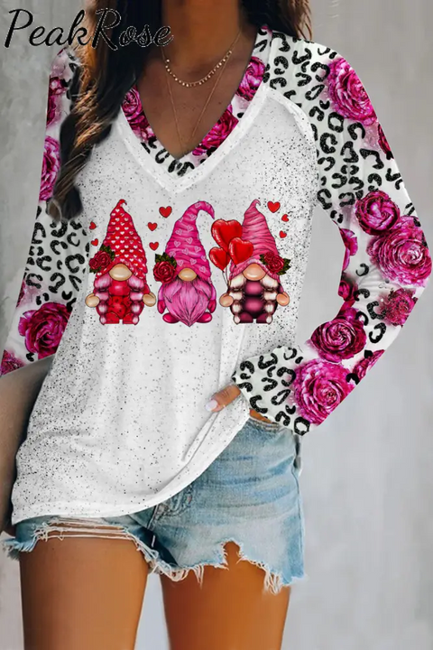 Day Cute Gnomies Red Rose Leopard Pattern V-Neck Long Sleeve Tee