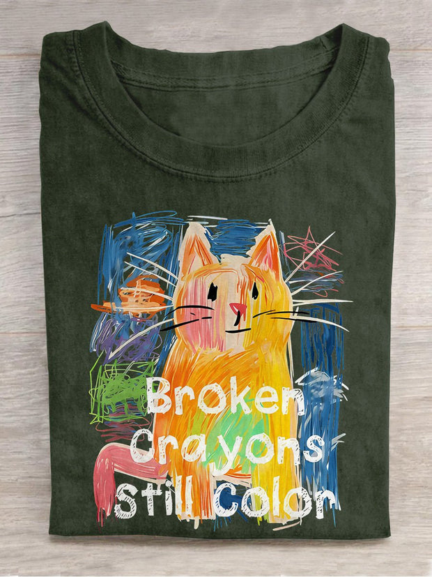 Broken Crayons Still Color Cat Teacher Casual Print T-shirt