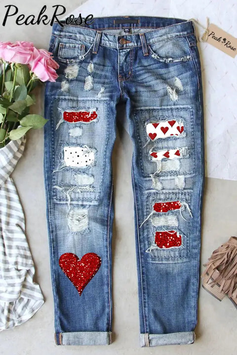 Diamond Heart Ripped Jeans S / Blue