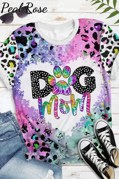 Dog Mom Colorful Tie-Dye Paw Leopard Print Round Neck Short Sleeve T-Shirt