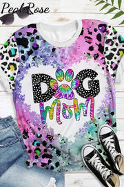 Dog Mom Colorful Tie-Dye Paw Leopard Print Round Neck Short Sleeve T-Shirt