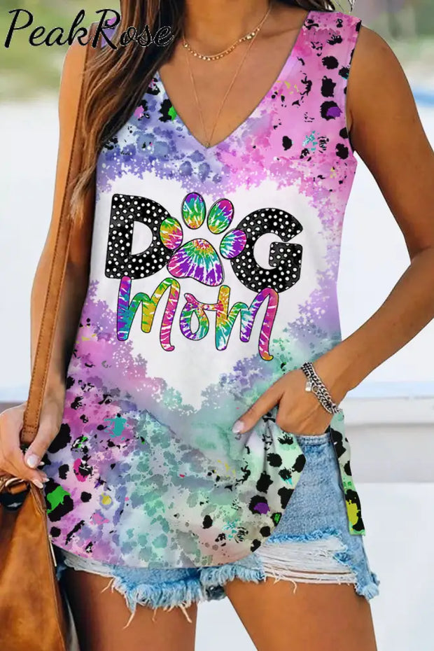 Dog Mom Colorful Tie-Dye Paw Leopard Print Sleeveless V-Neck Tank Top