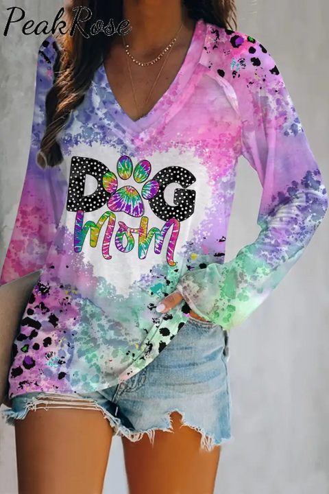 Dog Mom Colorful Tie-Dye Paw Leopard Print V-Neck Long Sleeve Tee