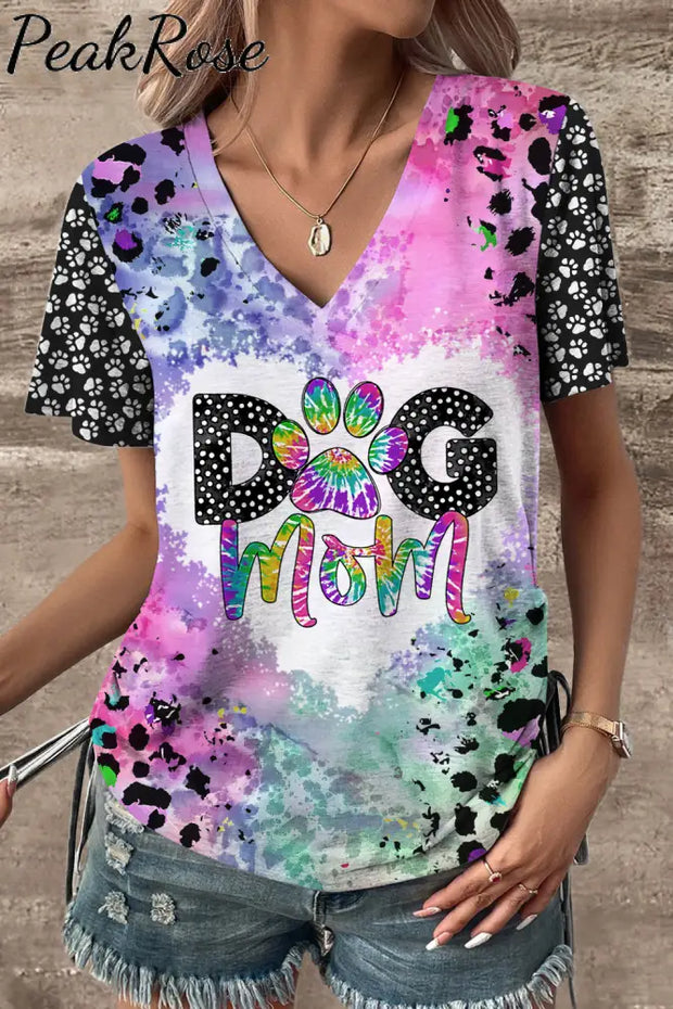 Dog Mom Colorful Tie-Dye Paw Leopard Print V-Neck T-Shirt T-Shirt