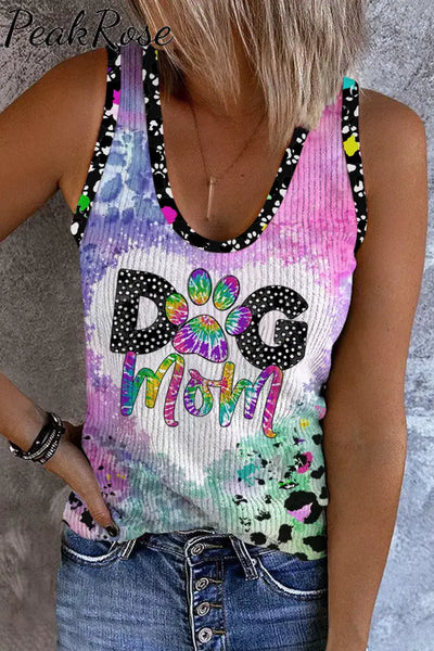 Dog Mom Colorful Tie-Dye Paw Leopard Print V-Neck Tank Top