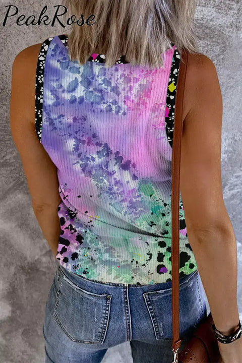 Dog Mom Colorful Tie-Dye Paw Leopard Print V-Neck Tank Top