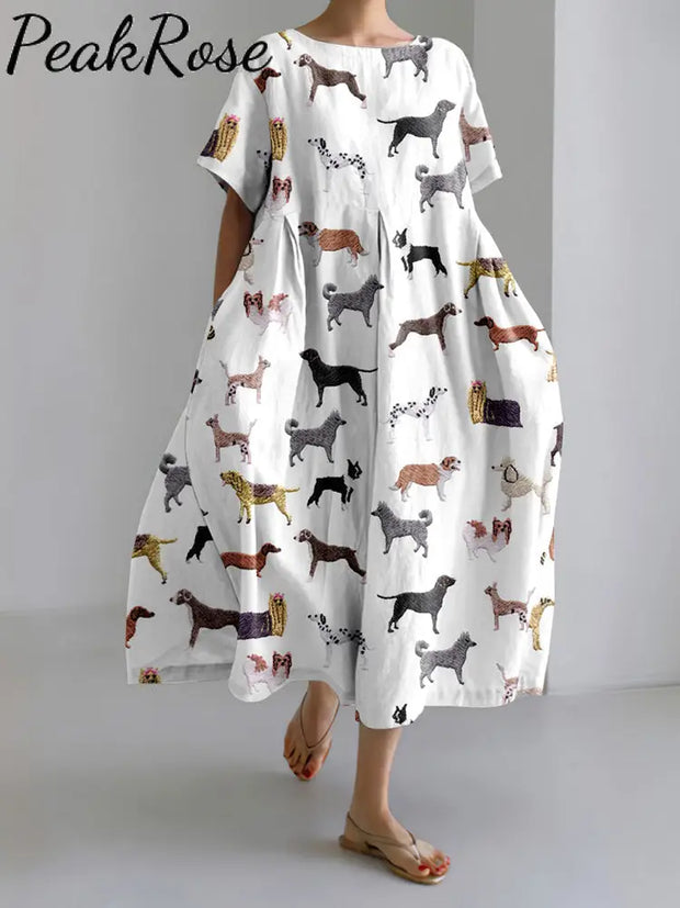 Dog Print Crew Neck Short Sleeve Midi Dress Hot Sell