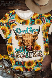 Don’t Be A Salty Heifer Long Haired Cow Western Leopard Sunflower Print Round Neck T-Shirt T-Shirt