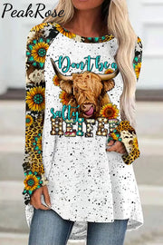 Don’t Be A Salty Heifer Long Haired Cow Western Leopard Sunflower Turquoise Print Loose Tunic