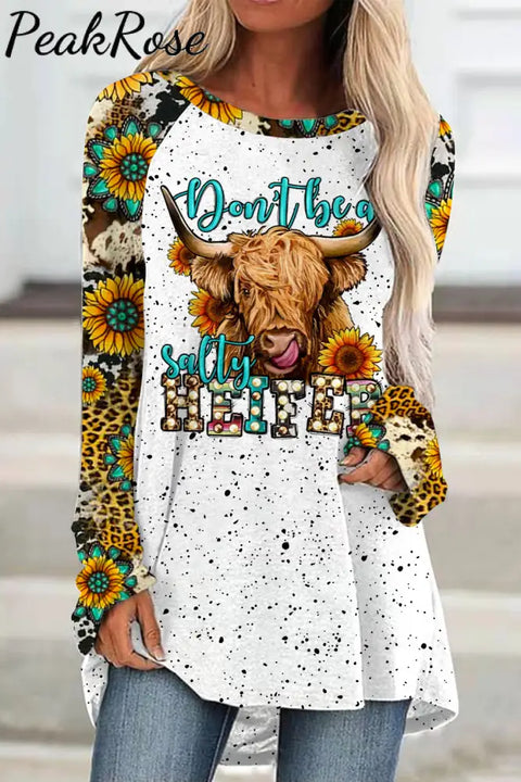 Don’t Be A Salty Heifer Long Haired Cow Western Leopard Sunflower Turquoise Print Loose Tunic S /