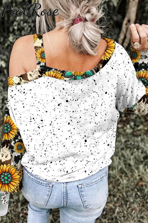 Don’t Be A Salty Heifer Long Haired Cow Western Leopard Sunflower Turquoise Print Off Shoulder