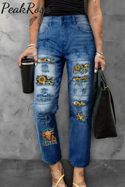 Don’t Be A Salty Heifer Long Haired Cow Western Leopard Sunflower Turquoise Print Ripped Denim Jeans