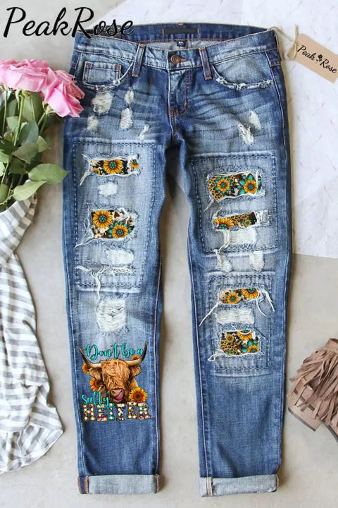 Don’t Be A Salty Heifer Long Haired Cow Western Leopard Sunflower Turquoise Print Ripped Denim