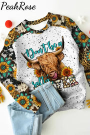 Don’t Be A Salty Heifer Long Haired Cow Western Leopard Sunflower Turquoise Print Sweatshirt