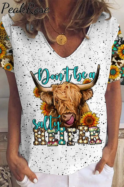 Don’t Be A Salty Heifer Long Haired Cow Western Leopard Sunflower Turquoise Print V Neck T-Shirt