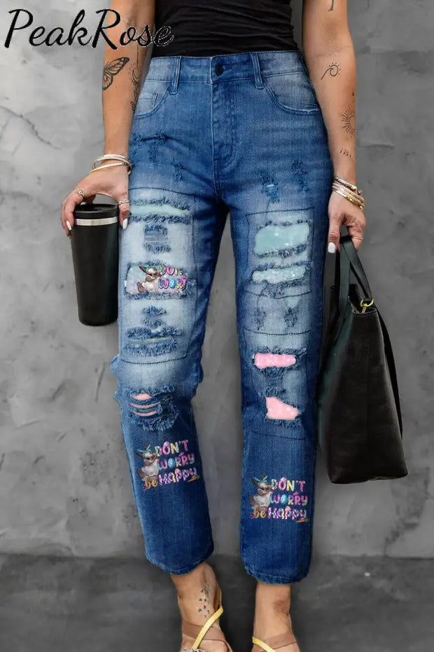 Don’t Worry Be Happy Easter Ripped Denim Jeans