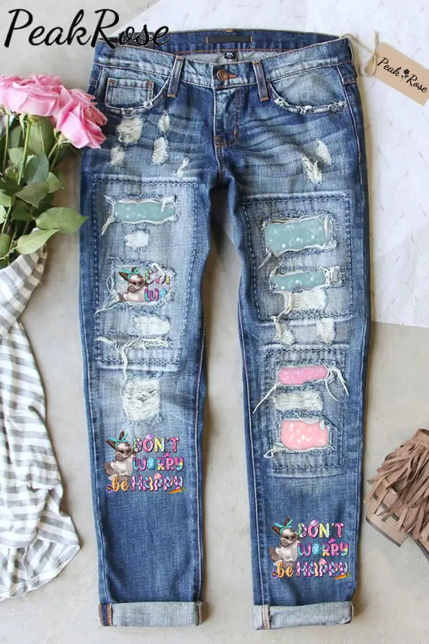 Don’t Worry Be Happy Easter Ripped Denim Jeans S