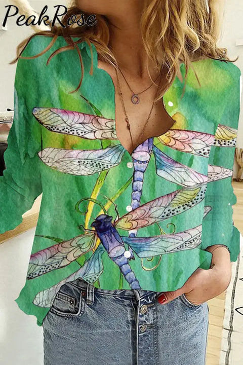 Dragonflies Paintings Long Sleeve Shirt S / Photo Color Women