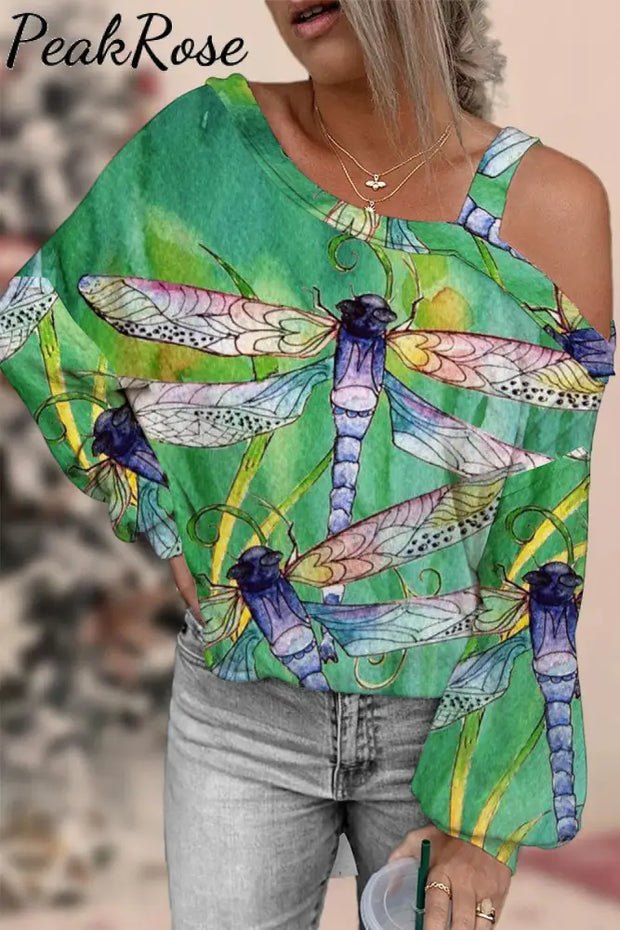 Dragonflies Paintings Off-Shoulder Blouse