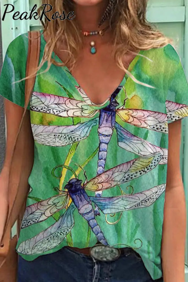 Dragonflies Paintings V-Neck Short Sleeve T-Shirt S / Photo Color