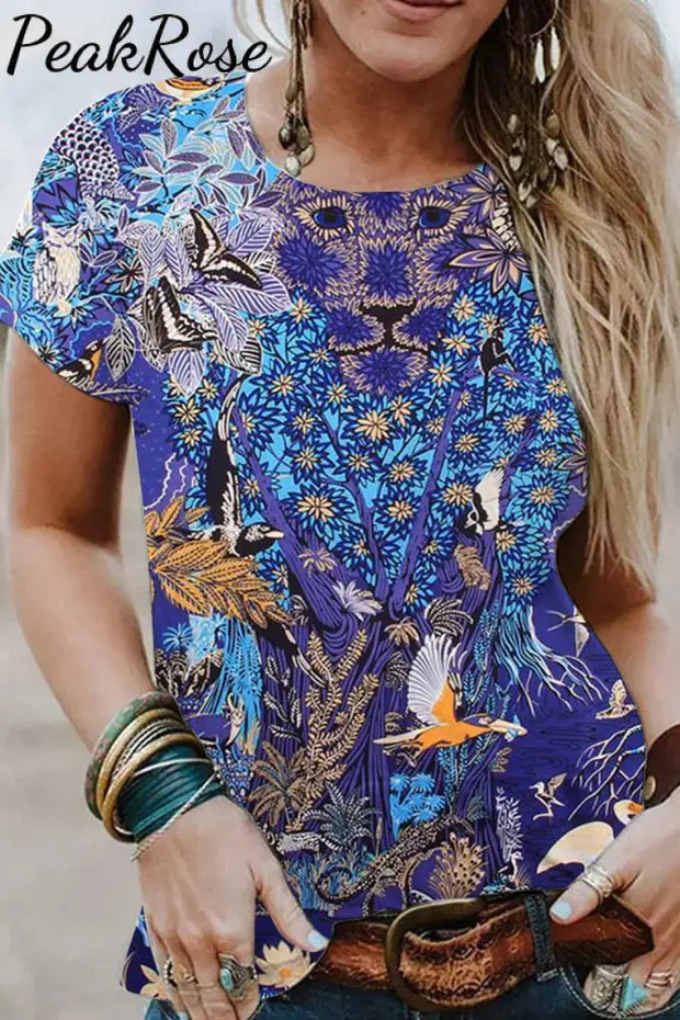 Dream Blue Giant Wood Garden Flying Bird Butterfly Retro Short-Sleeved T-Shirt Top S / Photo Color