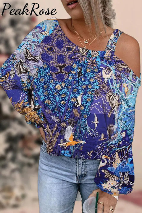 Dream Blue Giant Wood Garden Flying Bird Butterfly Slant Shoulder One Piece Neck Long Sleeve Blouse