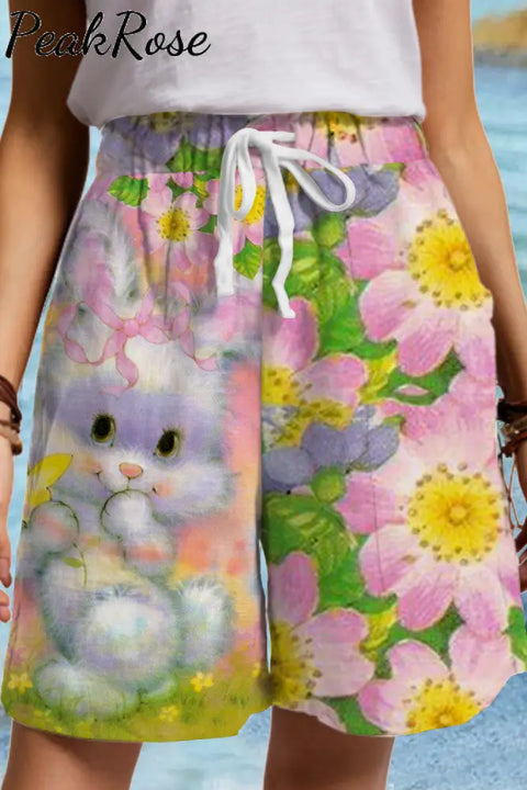 Dreamy Easter Bunny & Flowers Drawstring Waist Casual Shorts