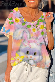 Dreamy Easter Bunny & Flowers Raw Edges Loose T-Shirt