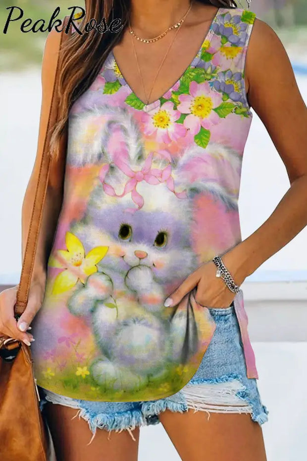 Dreamy Easter Bunny & Flowers Sleeveless V-Neck Tank Top