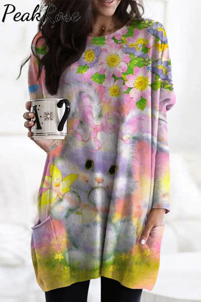 Dreamy Easter Bunny & Flowers Tunic With Pockets