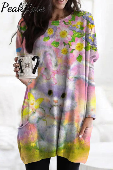 Dreamy Easter Bunny & Flowers Tunic With Pockets