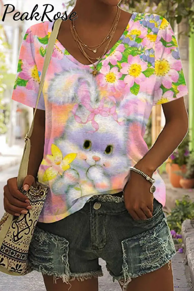 Dreamy Easter Bunny & Flowers V Neck T-Shirt T-Shirt