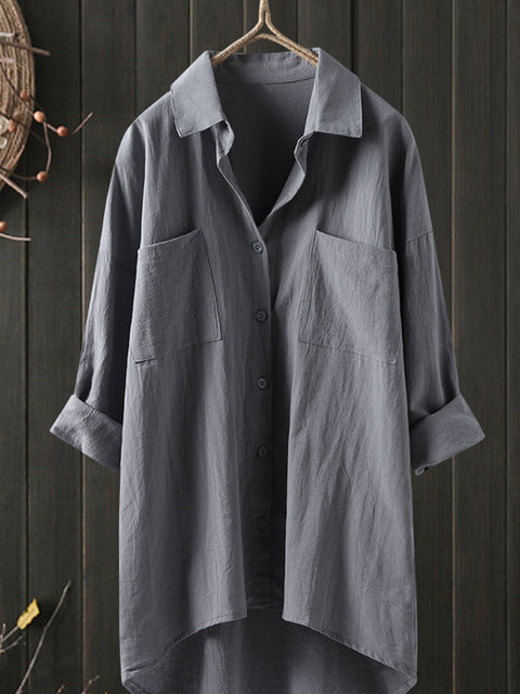 Women's Temperament solid color and linen shirt loose shirt top