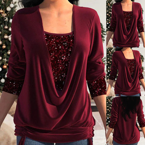 🎁Christmas discount 49% OFF🎄Sequin Loose Smocked Fake Two-Piece Top