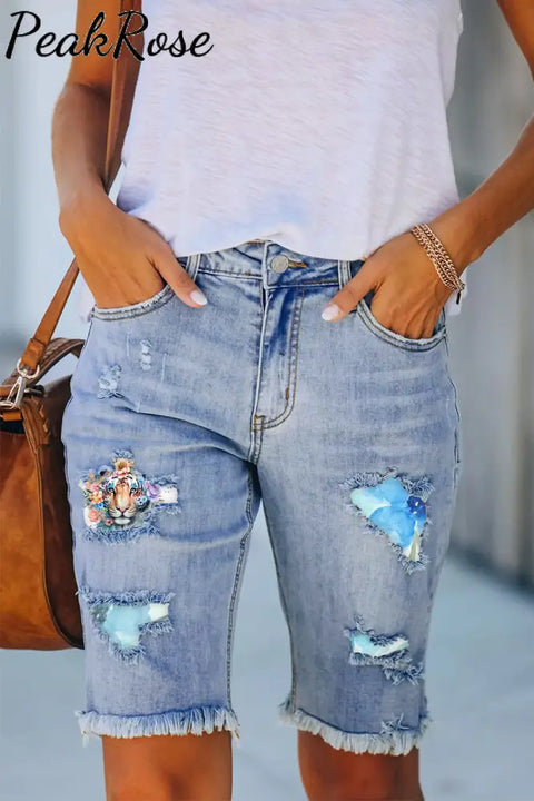 Eagle Flowers Print Denim Shorts Bermuda