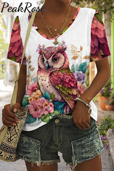 Eagle Flowers Print Tie-Dye V Neck T-Shirt T-Shirt