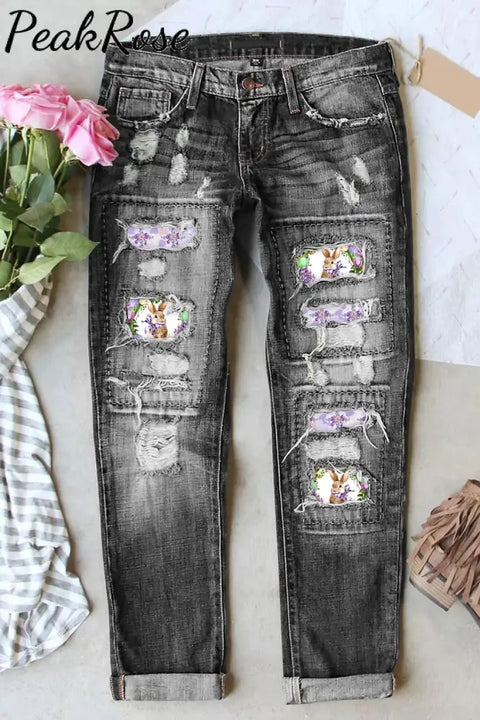 Easter Bunny And Cross Pattern Ripped Denim Jeans