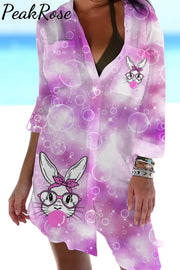 Easter Bunny Bubble Gum Blowing Rabbit Print Patch Front Pockets Shirt