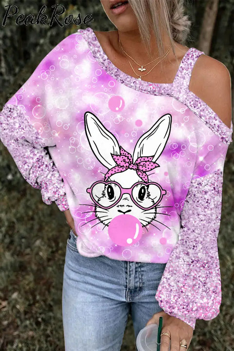 Easter Bunny Bubble Gum Blowing Rabbit Printed Off-Shoulder Blouse Photo Color / S