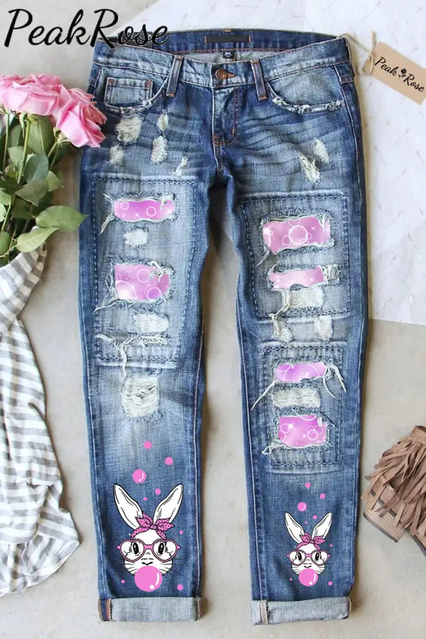 Easter Bunny Bubble Gum Blowing Rabbit Printed Ripped Denim Jeans