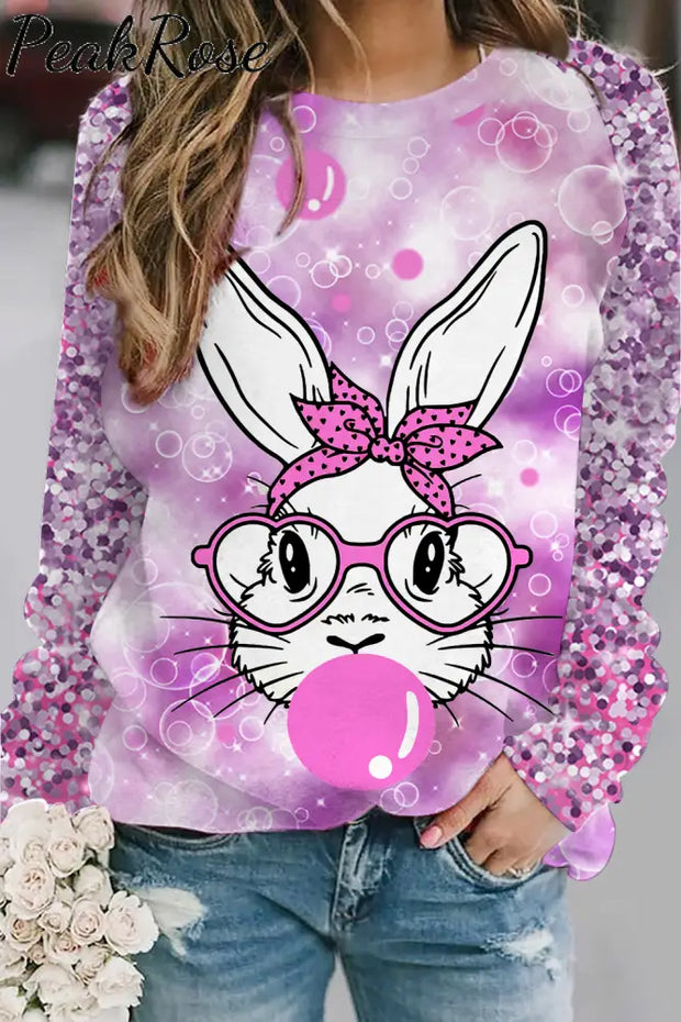 Easter Bunny Bubble Gum Blowing Rabbit Printed Sweatshirt