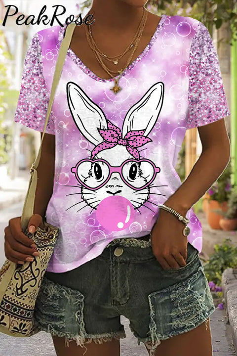 Easter Bunny Bubble Gum Blowing Rabbit Printed V Neck T-Shirt S / Photo Color T-Shirt