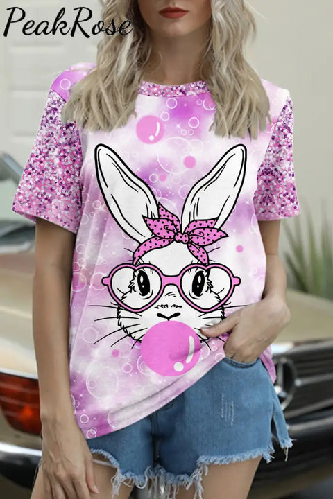 Easter Bunny Bubble Gum Blowing Rabbit Round Neck T-Shirt T-Shirt