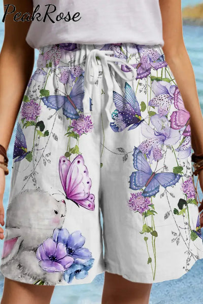 Easter Bunny & Butterfly Reborn In Flowering Shrubs Drawstring Waist Casual Shorts Photo Color / S