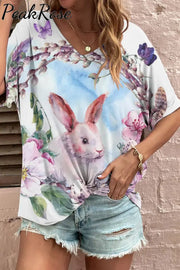 Easter Bunny & Butterfly Reborn In Flowering Shrubs Fold V Neck Loose T-Shirt