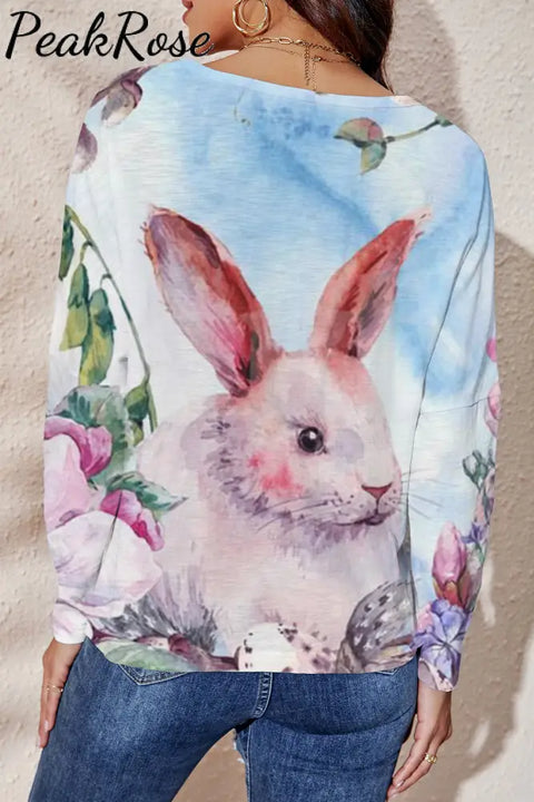 Easter Bunny & Butterfly Reborn In Flowering Shrubs Mini V Neck Loose Long Sleeve T-Shirt Fold