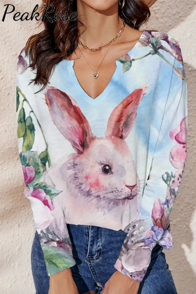 Easter Bunny & Butterfly Reborn In Flowering Shrubs Mini V Neck Loose Long Sleeve T-Shirt S / Photo