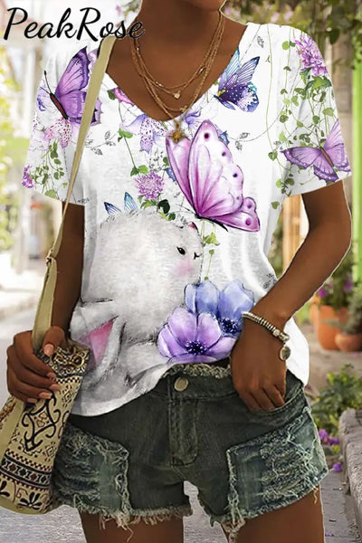 Easter Bunny & Butterfly Reborn In Flowering Shrubs V Neck T-Shirt S / Photo Color T-Shirt