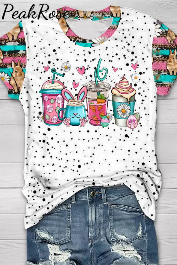 Easter Bunny Coffee Ice Cream Cups With Daisies Western Rhinestone Polka Dots O-Neck Short Sleeve