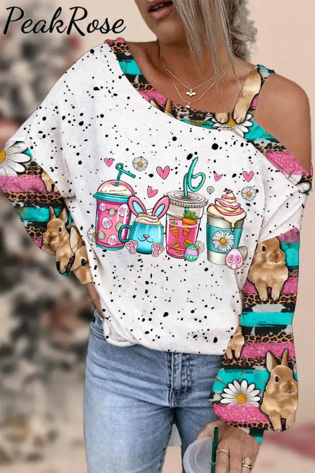 Easter Bunny Coffee Ice Cream Cups With Daisies Western Rhinestone Polka Dots Off-Shoulder Blouse